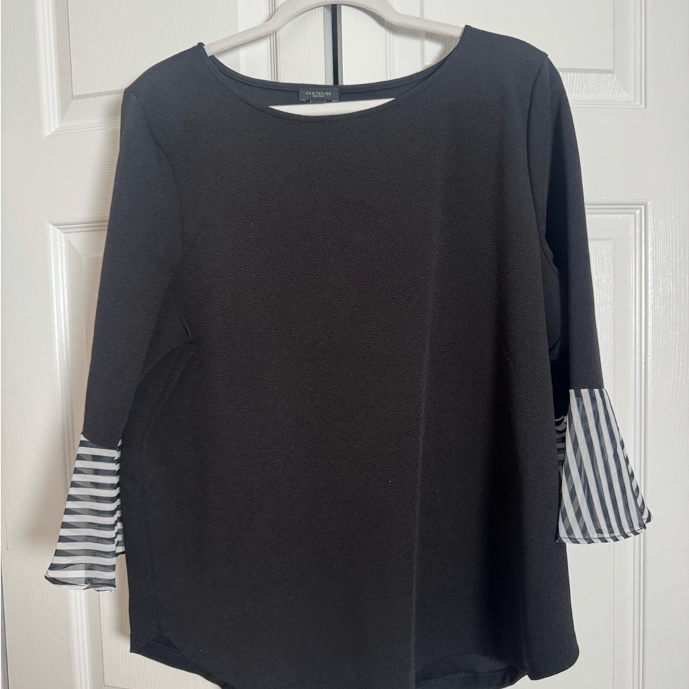 Ann Taylor Black Top with Striped Sleeves